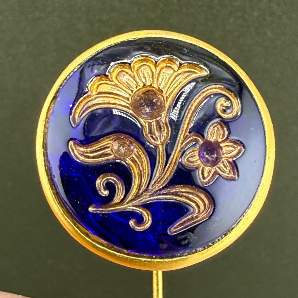 Vintage Glass Flower Stick Pin Gold Tone Blue Rhinestone